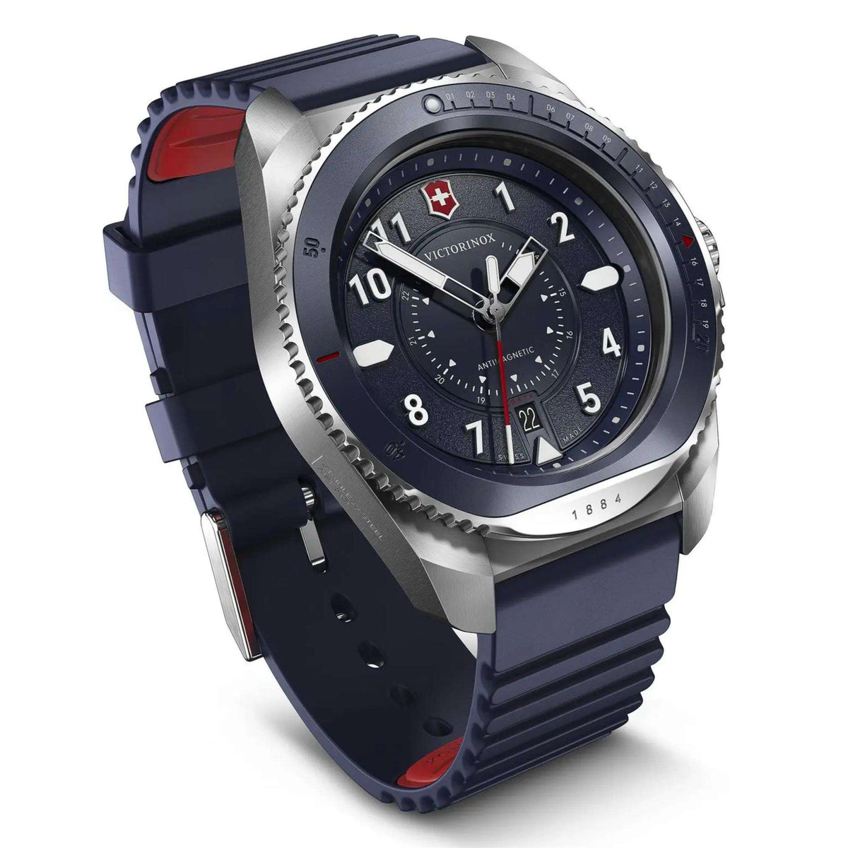 Men's blue dial quartz watch with rubber strap, stainless steel bezel and subdials