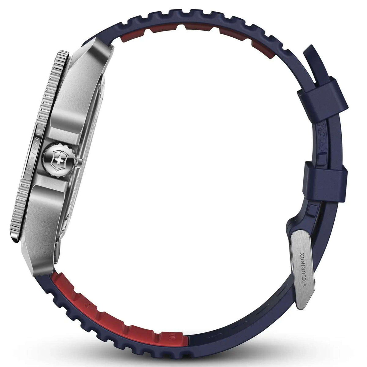 Men's rubber strap quartz watch with stainless steel case and blue buckle, profile view