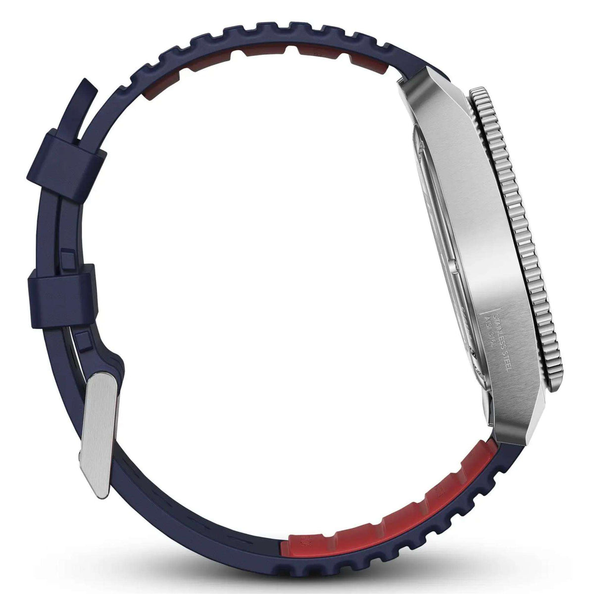Men's quartz watch profile with stainless steel case and blue rubber strap, crown side