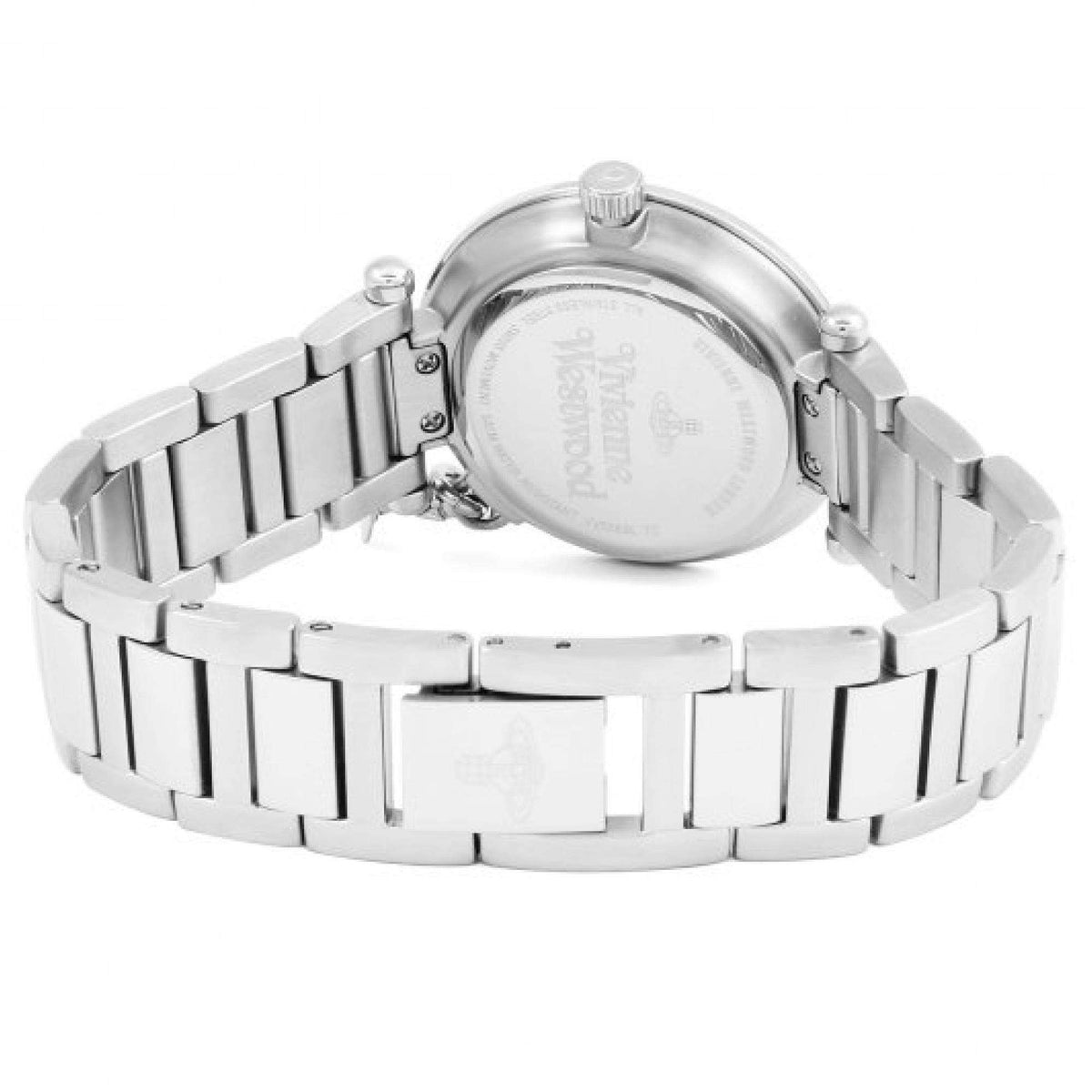 Stainless steel metal bracelet watch with clasp and caseback visible in side view
