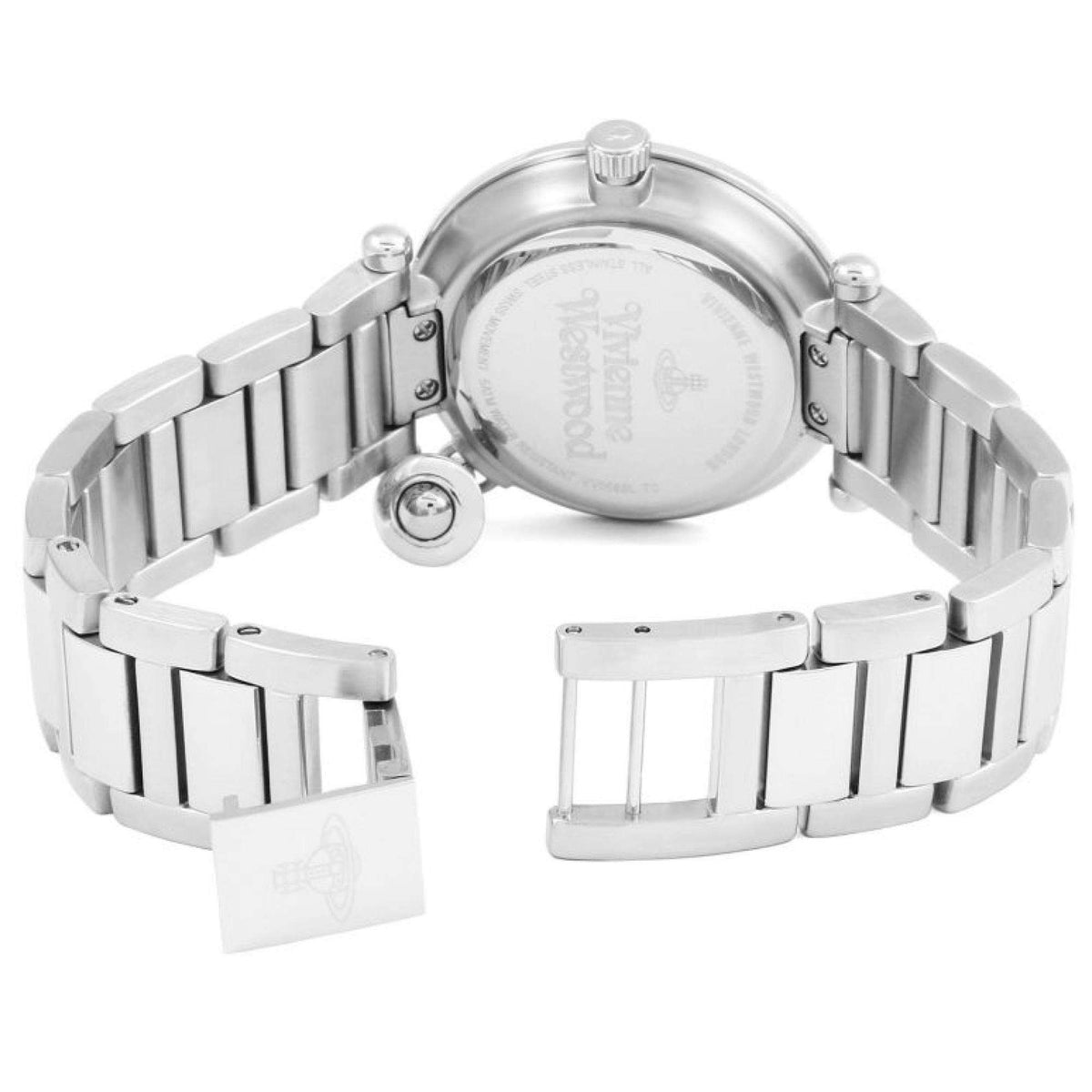 Stainless steel ladies quartz watch on metal bracelet, open clasp and clear caseback