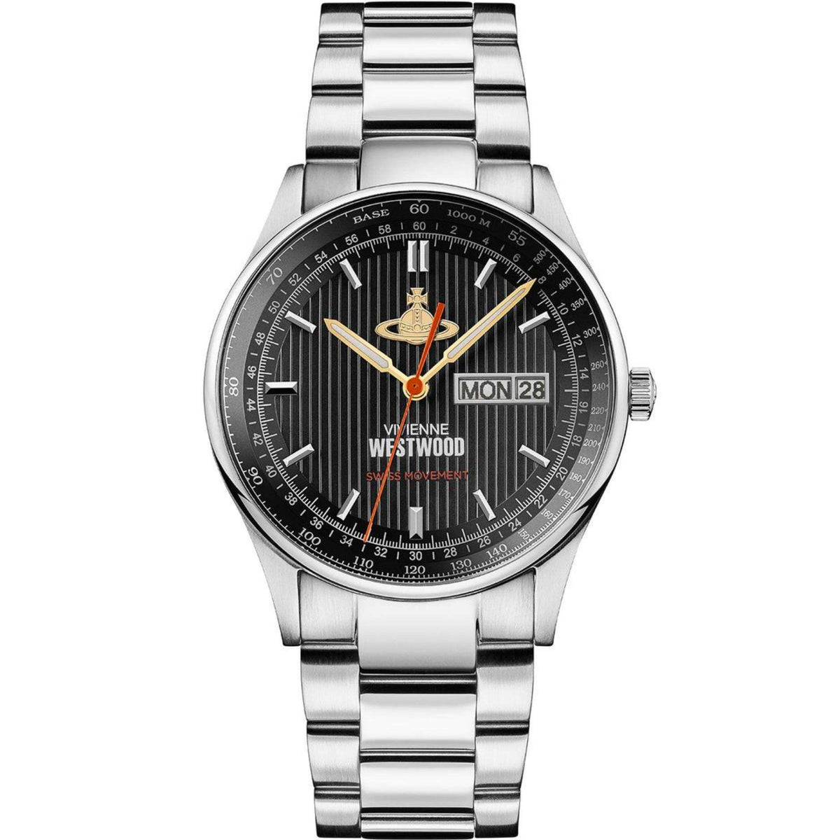 Men's stainless steel watch with black dial, gold hands, and date window MON 28
