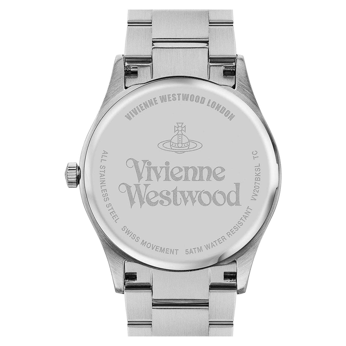 Stainless steel watch case back with engraved logo and water-resistance details