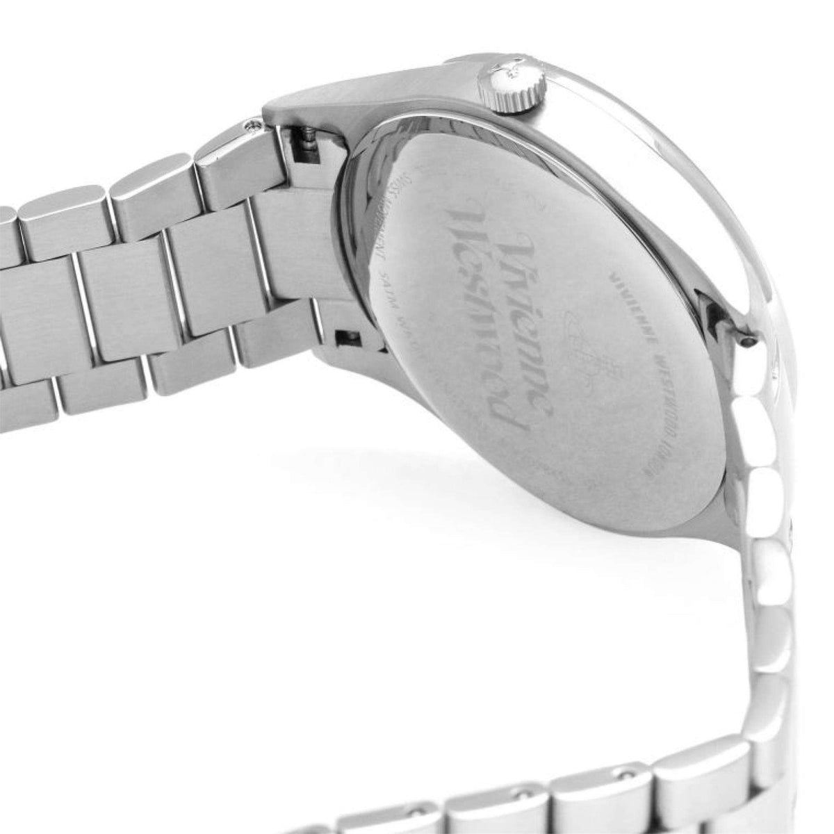 Stainless steel watch case and bracelet from a side angle with crown