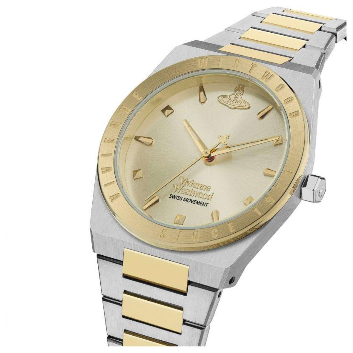 Two-tone stainless steel bracelet watch with champagne dial and gold-tone hands