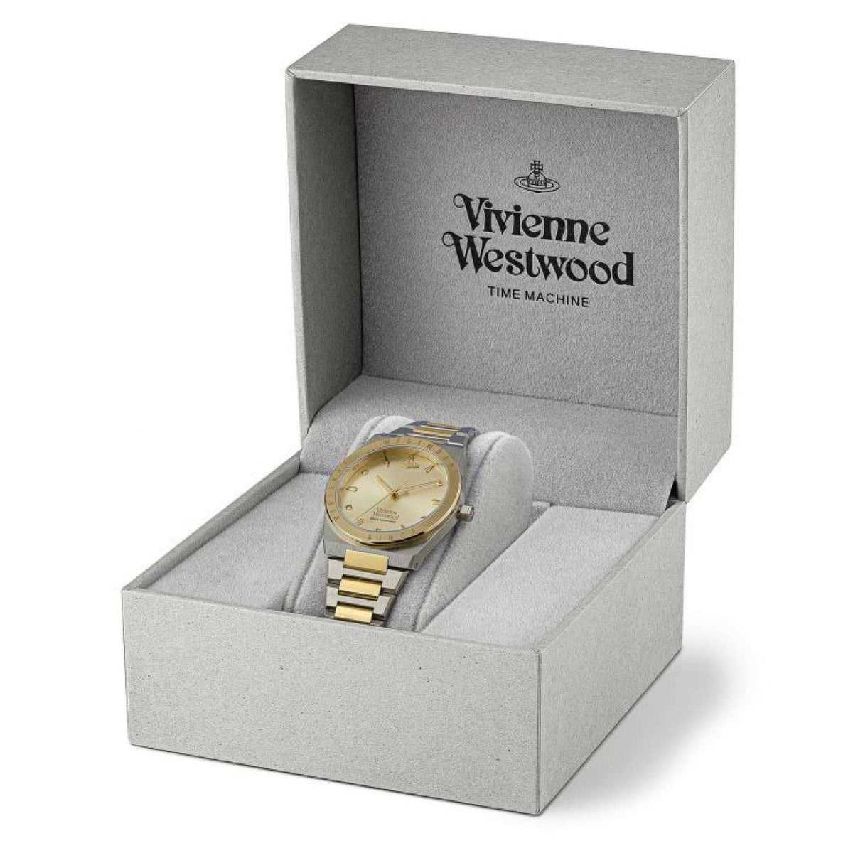Two-tone Vivienne Westwood watch in gray gift box with champagne dial and gold accents