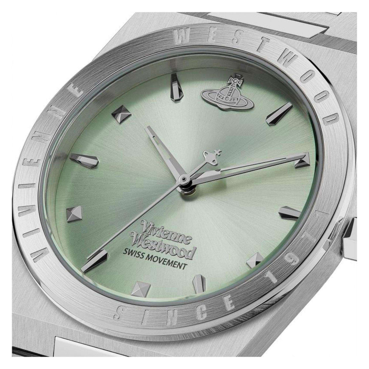 Close-up view of Vivienne Westwood VV244PGRSL quartz watch with green dial and silver steel bracelet