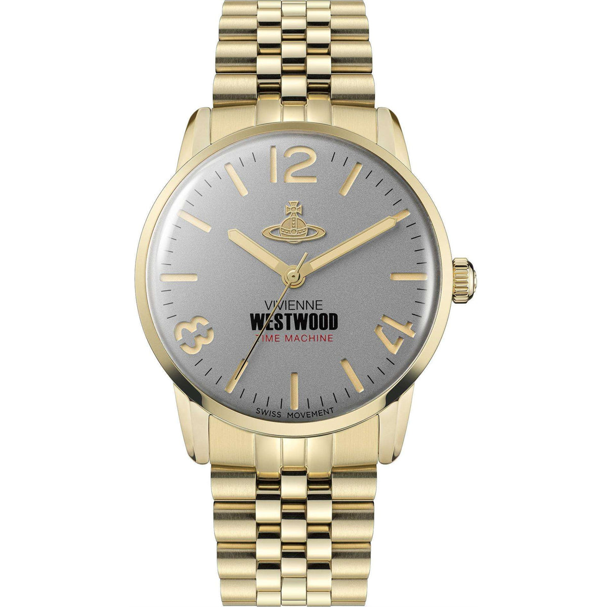 Men's watch front view with grey dial, gold hour markers, hands, and metal bracelet