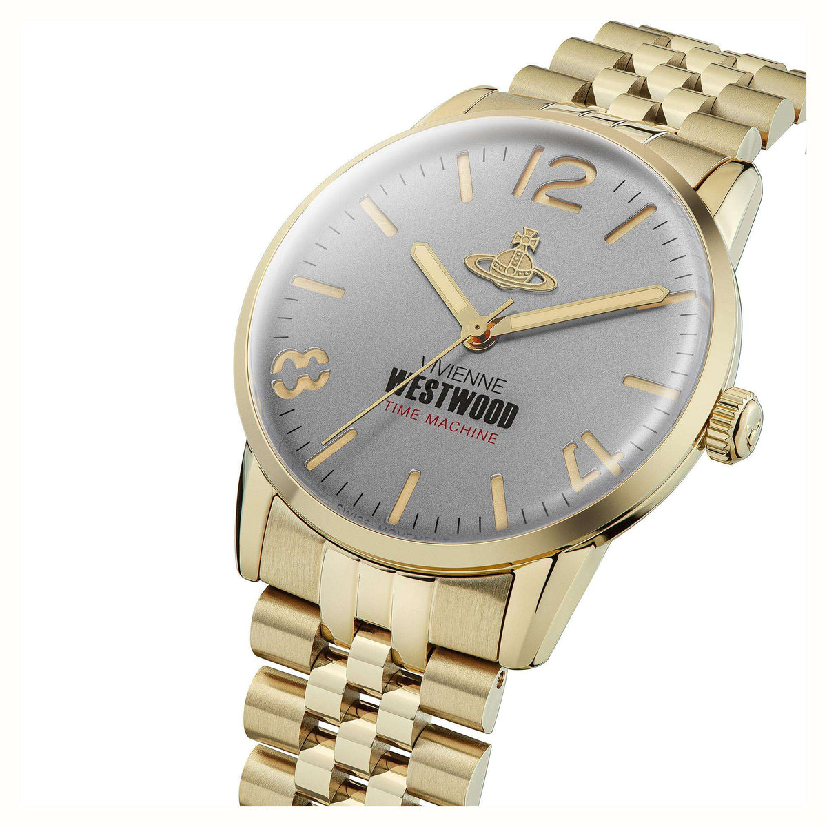 Men's stainless steel bracelet watch, grey dial with gold hands, markers and logo