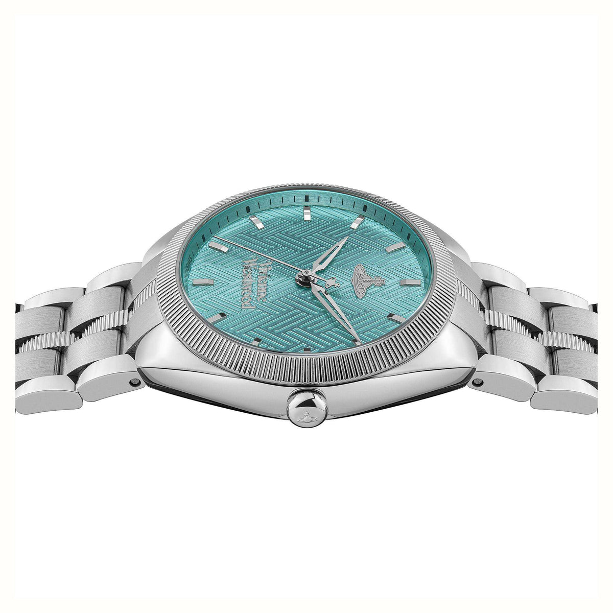 Turquoise dial stainless steel bracelet watch with logo hands and ribbed bezel