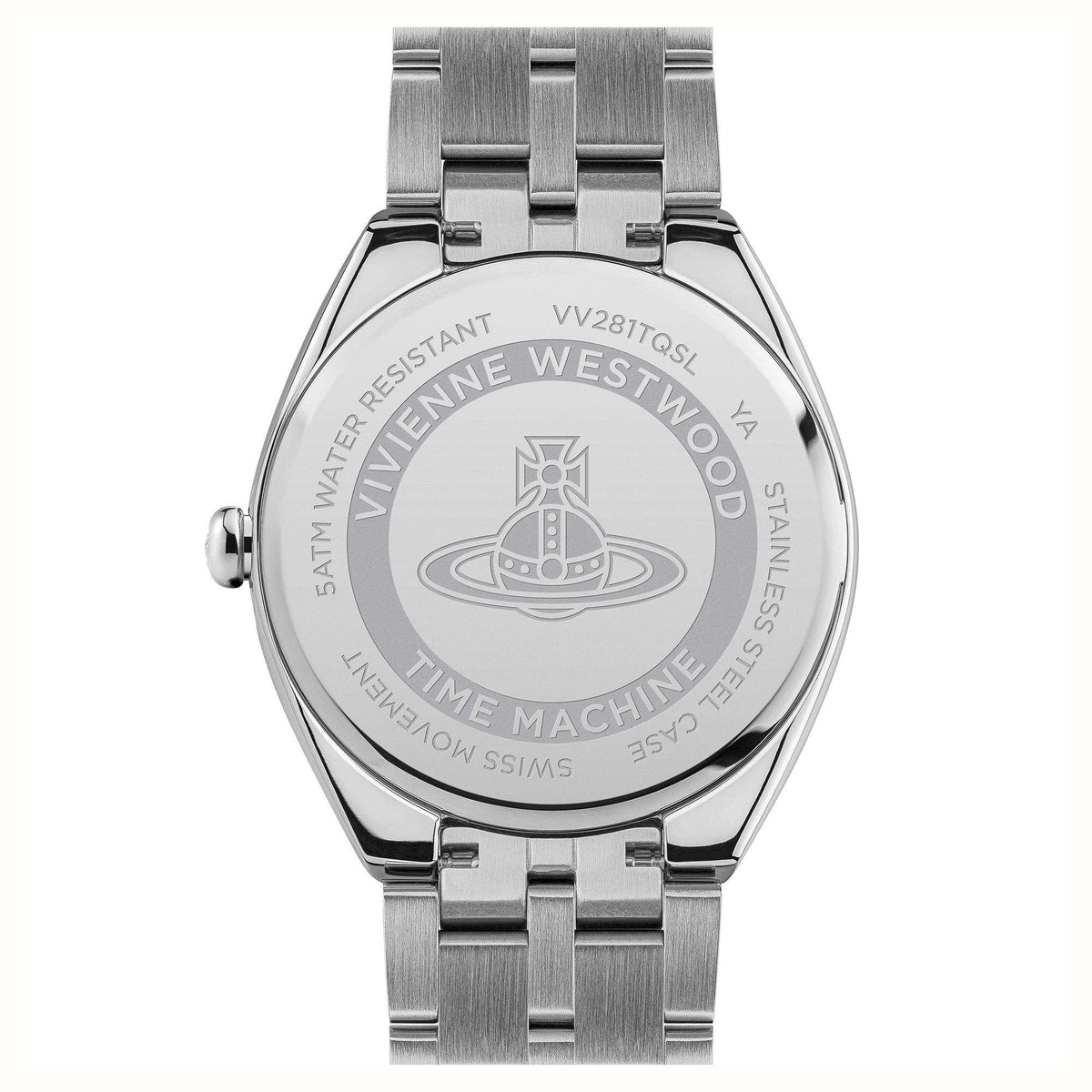 Stainless steel caseback of turquoise dial bracelet watch with engraved markings