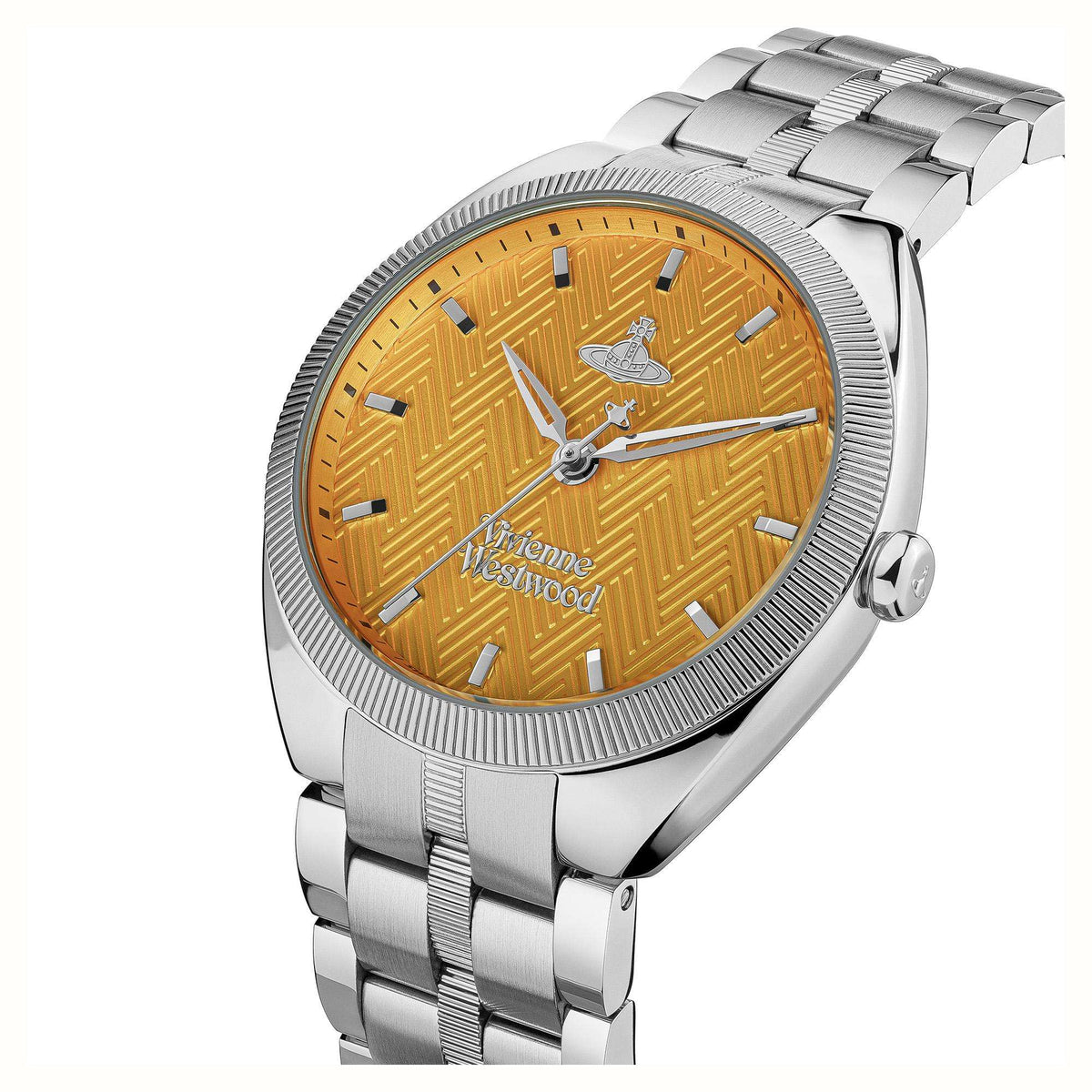 Vivienne Westwood stainless steel bracelet watch with orange dial, emblem center, baton markers