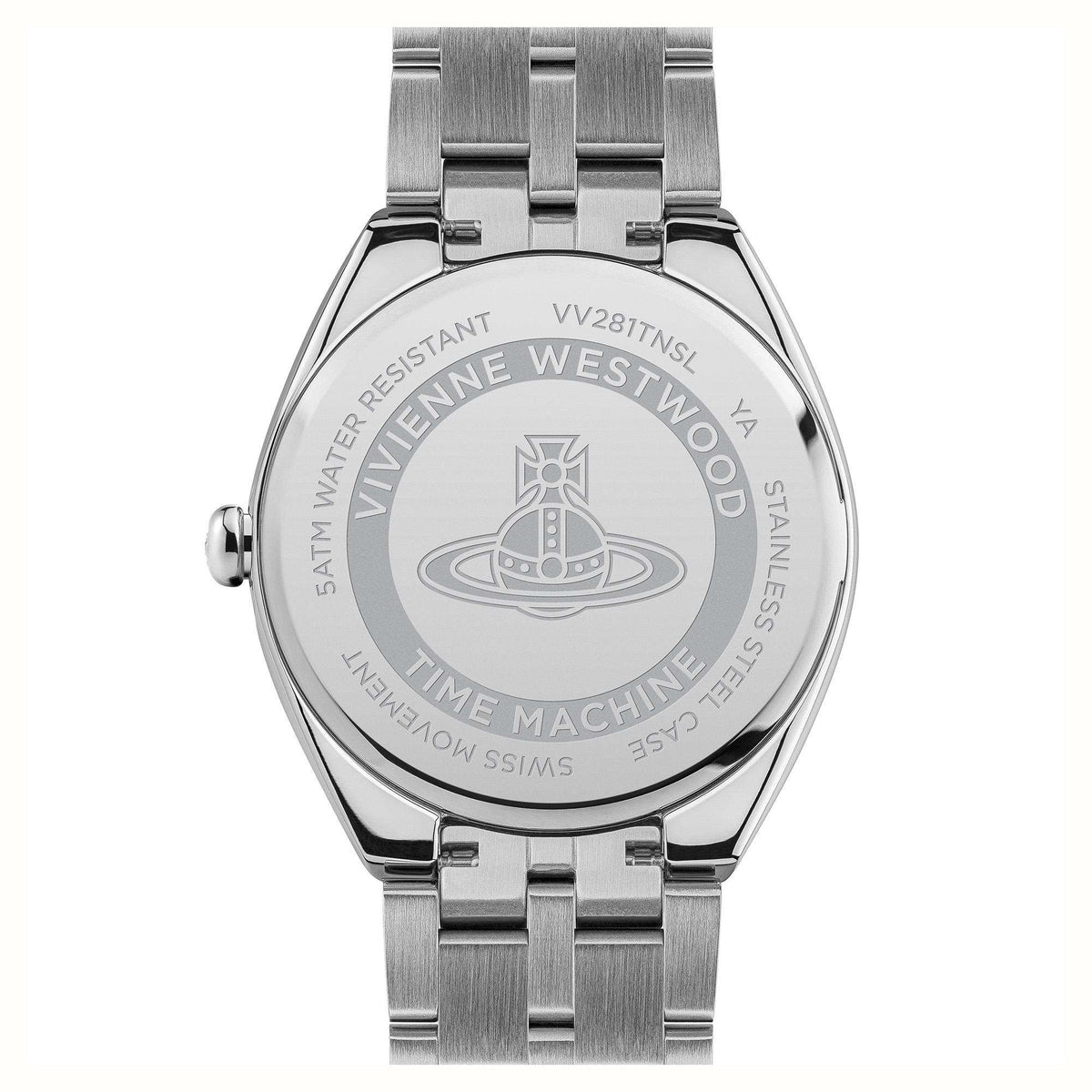 Back of Vivienne Westwood stainless watch case with engraved text and water resistance markings
