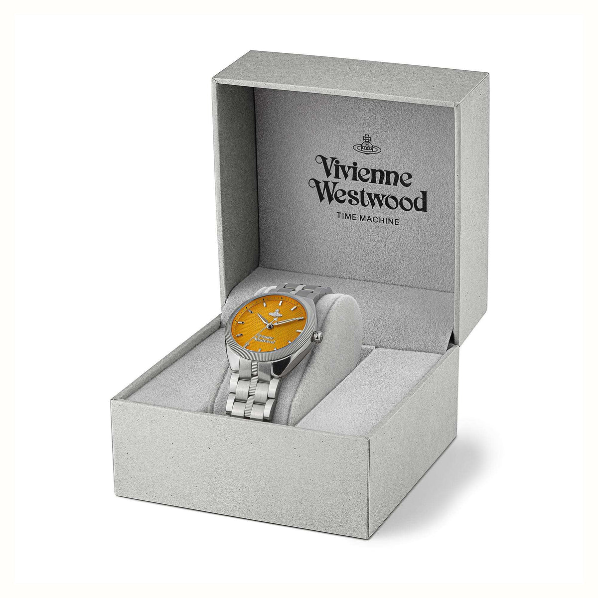 Vivienne Westwood watch in gray gift box, stainless steel bracelet with orange dial