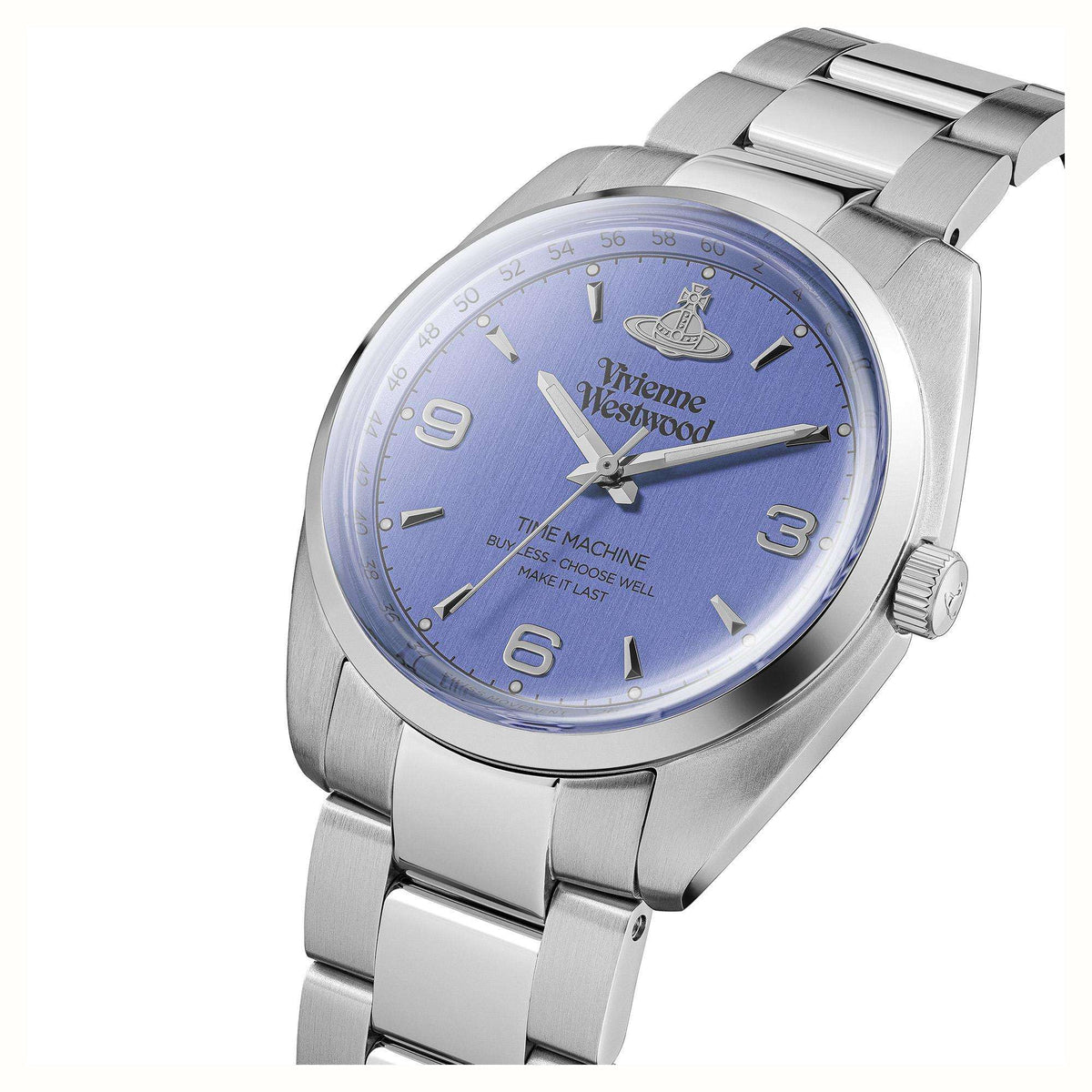 Blue dial stainless steel wristwatch with crown on right and gold-toned hour markers