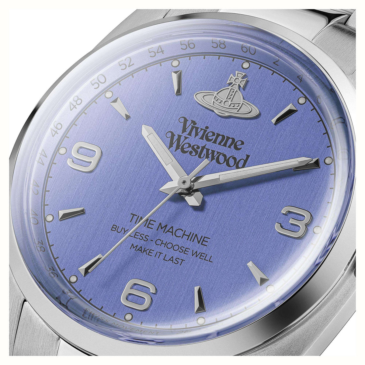 Close-up of blue dial wristwatch with Vivienne Westwood branding and gold hour numerals