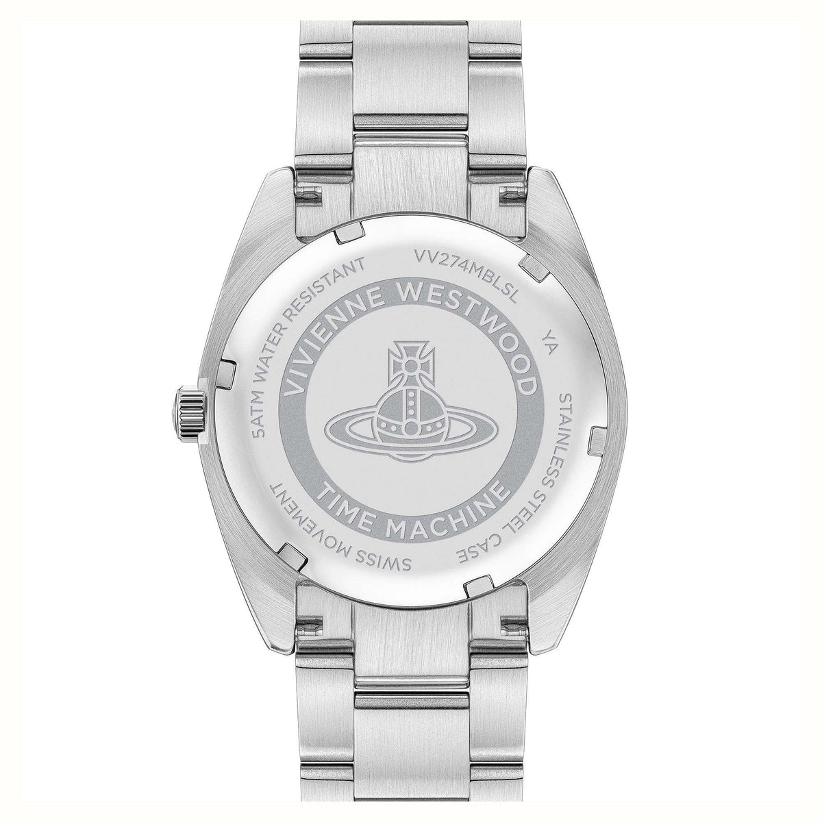 Stainless steel watch caseback with engraved logo and “Time Machine” text