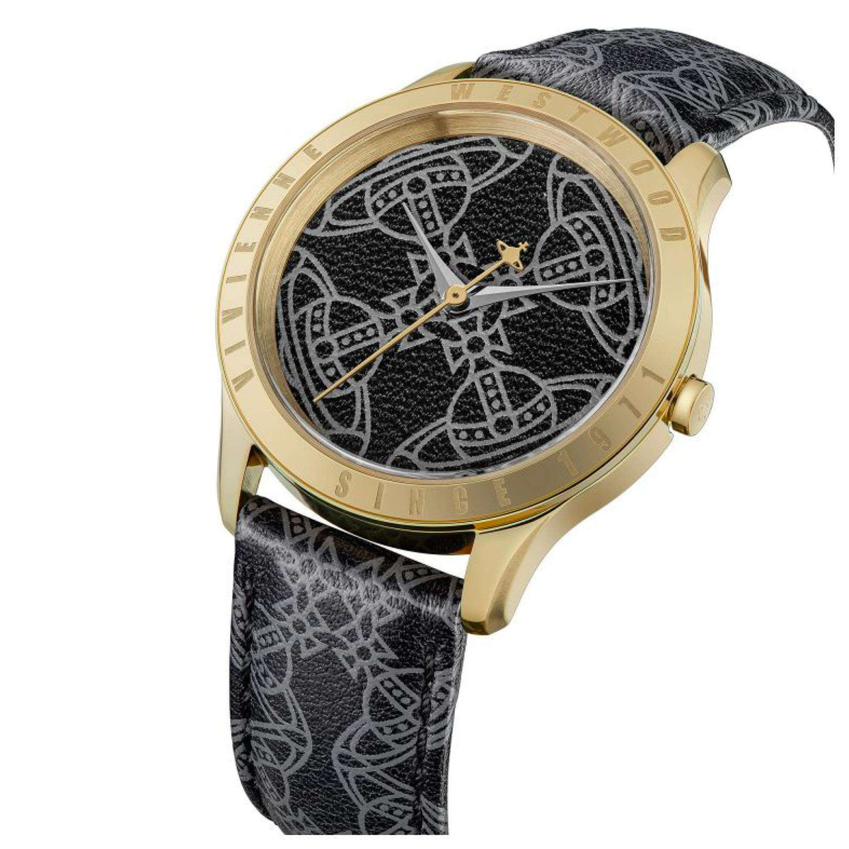 Gold-tone case black dial round watch with patterned face and black leather strap