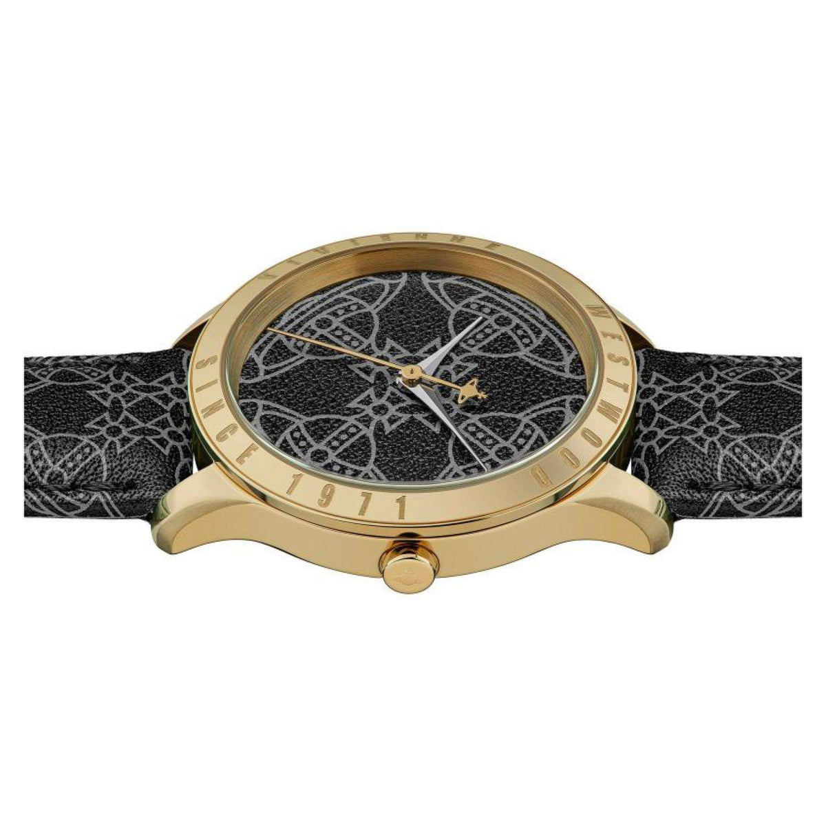 Round gold-tone watch with black patterned dial and black fabric-leather strap, date rim