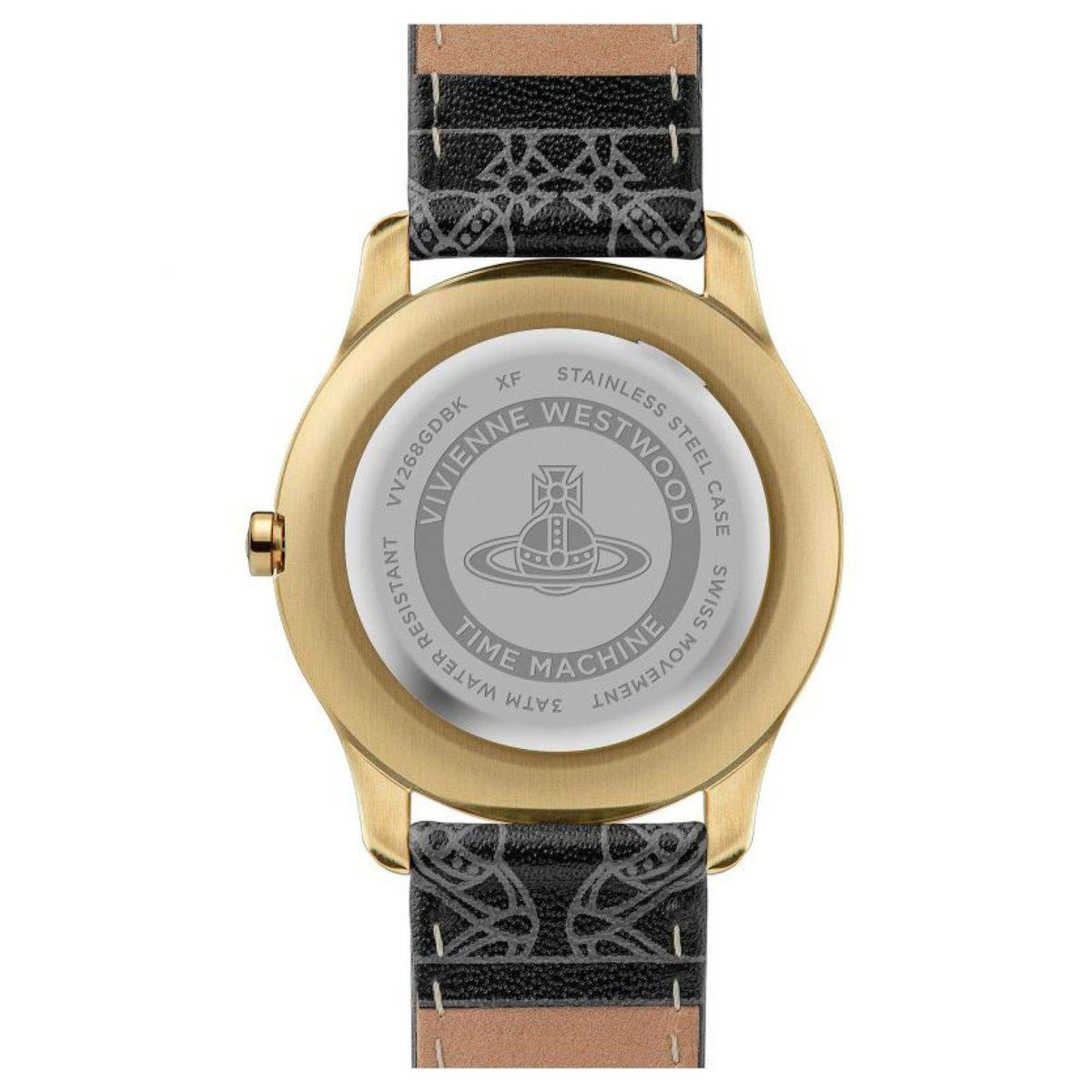 Back of gold-tone round watch with stainless-steel engraving and black leather strap