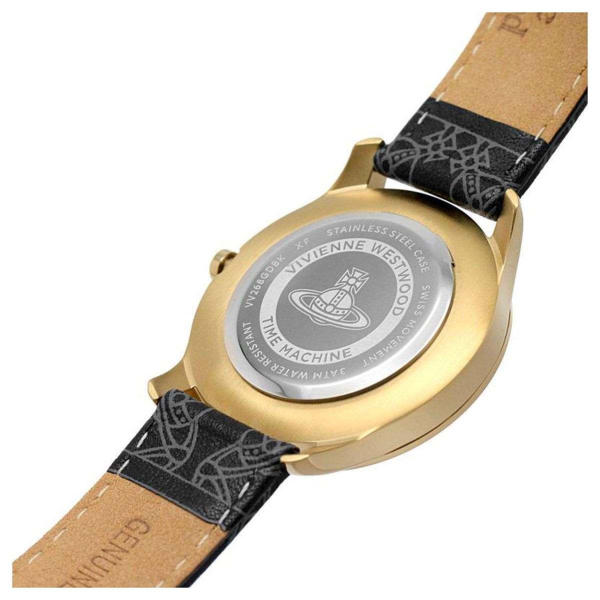 Gold-tone watch case back with engraved logo and black strap with tan leather underside