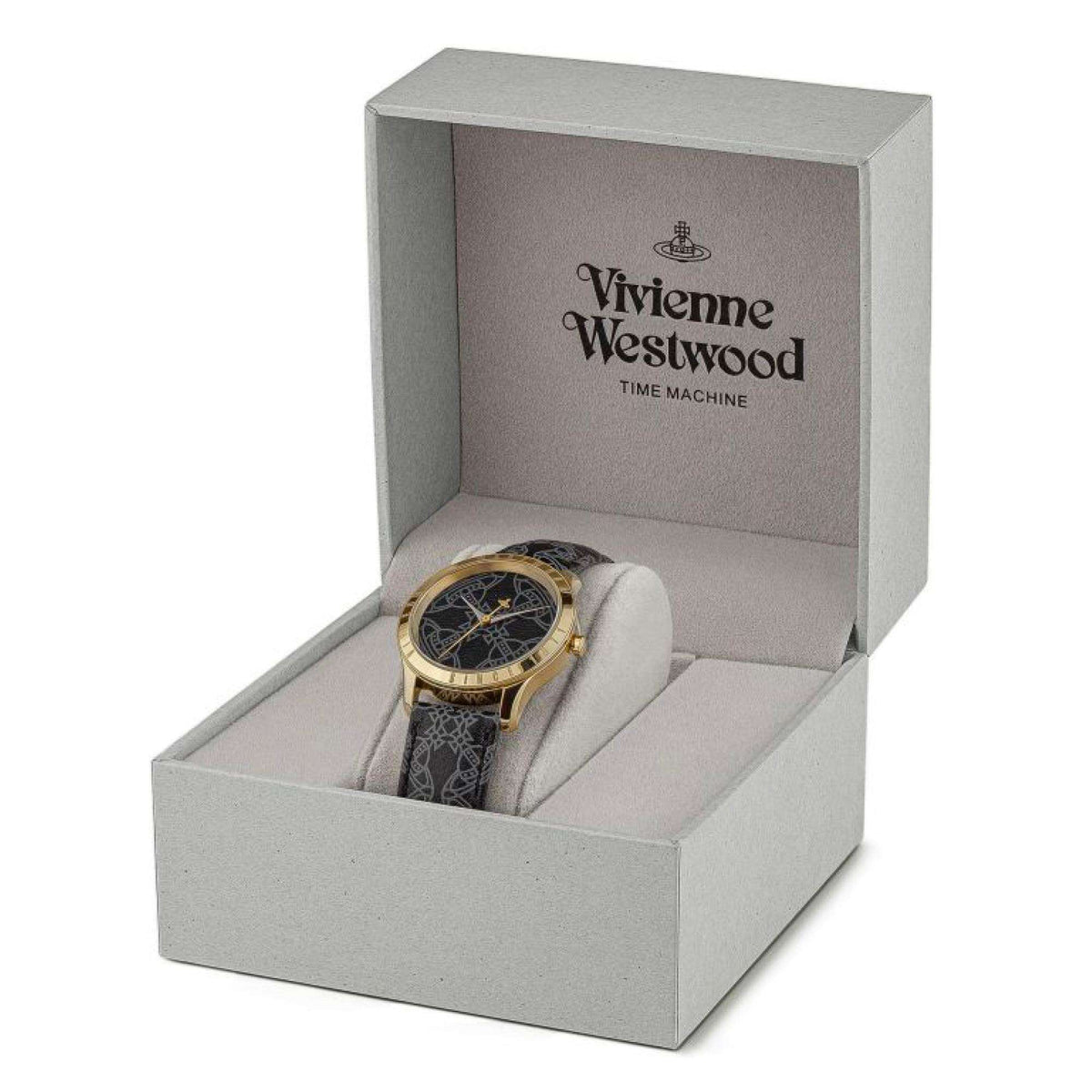 Vivienne Westwood watch in open gray gift box with black patterned strap visible