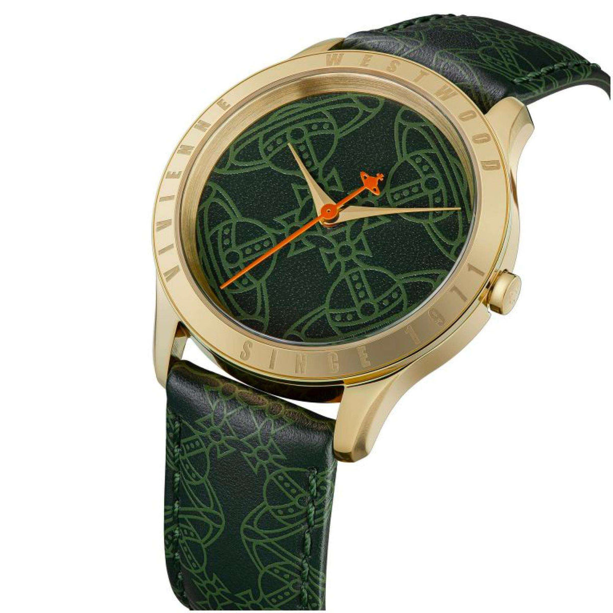 Vivienne Westwood Berkeley watch, gold-tone case with green patterned dial and leather strap