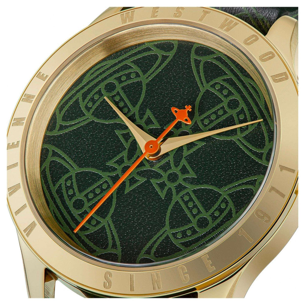 Vivienne Westwood Berkeley close-up: green patterned dial, orange hands, gold-tone bezel