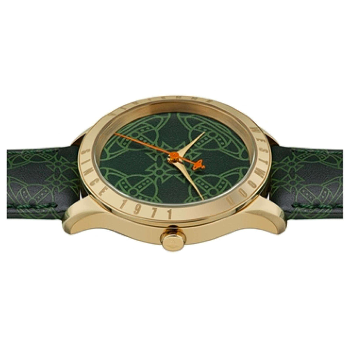 Vivienne Westwood Berkeley watch on green leather strap, round gold-tone case profile