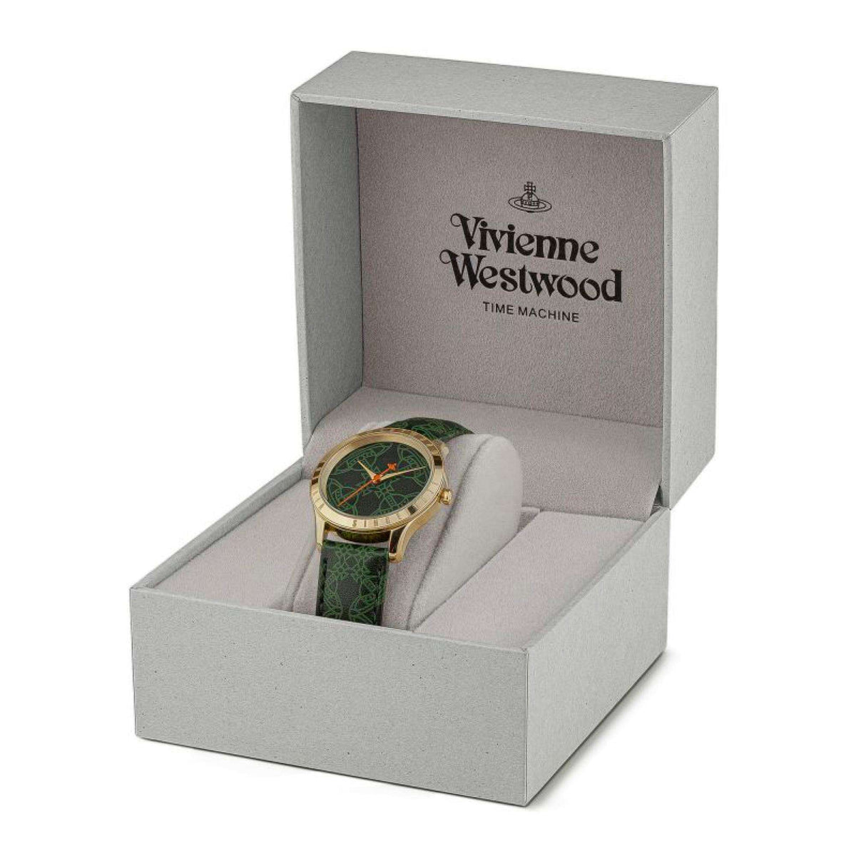 Vivienne Westwood Berkeley watch in gift box, green leather strap and gold-tone case