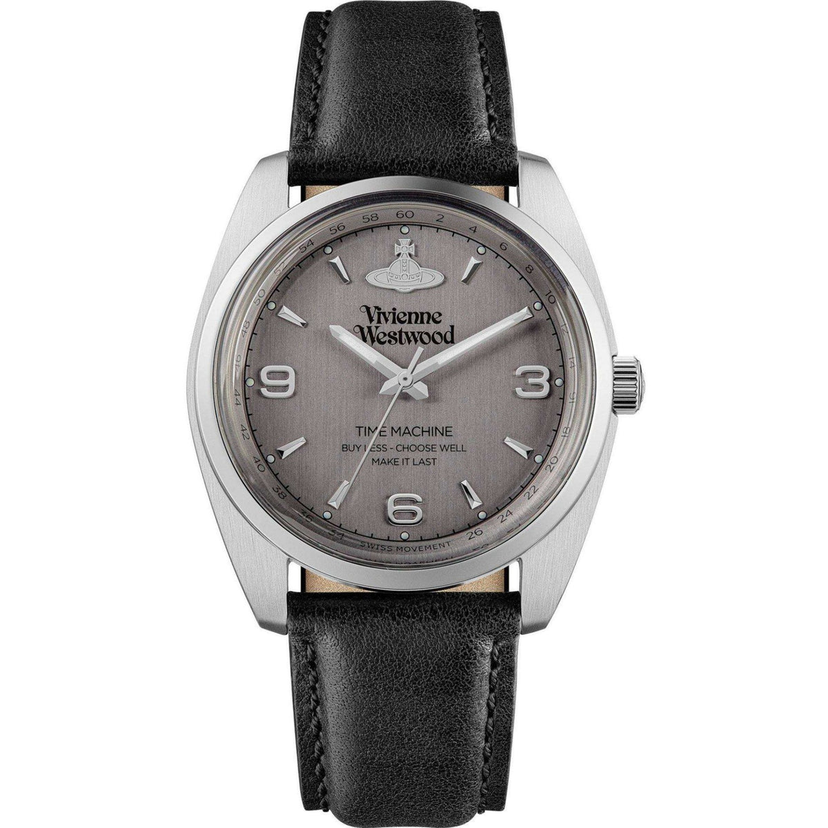 Vivienne Westwood Pennington watch with gray dial and black leather strap, round silver case