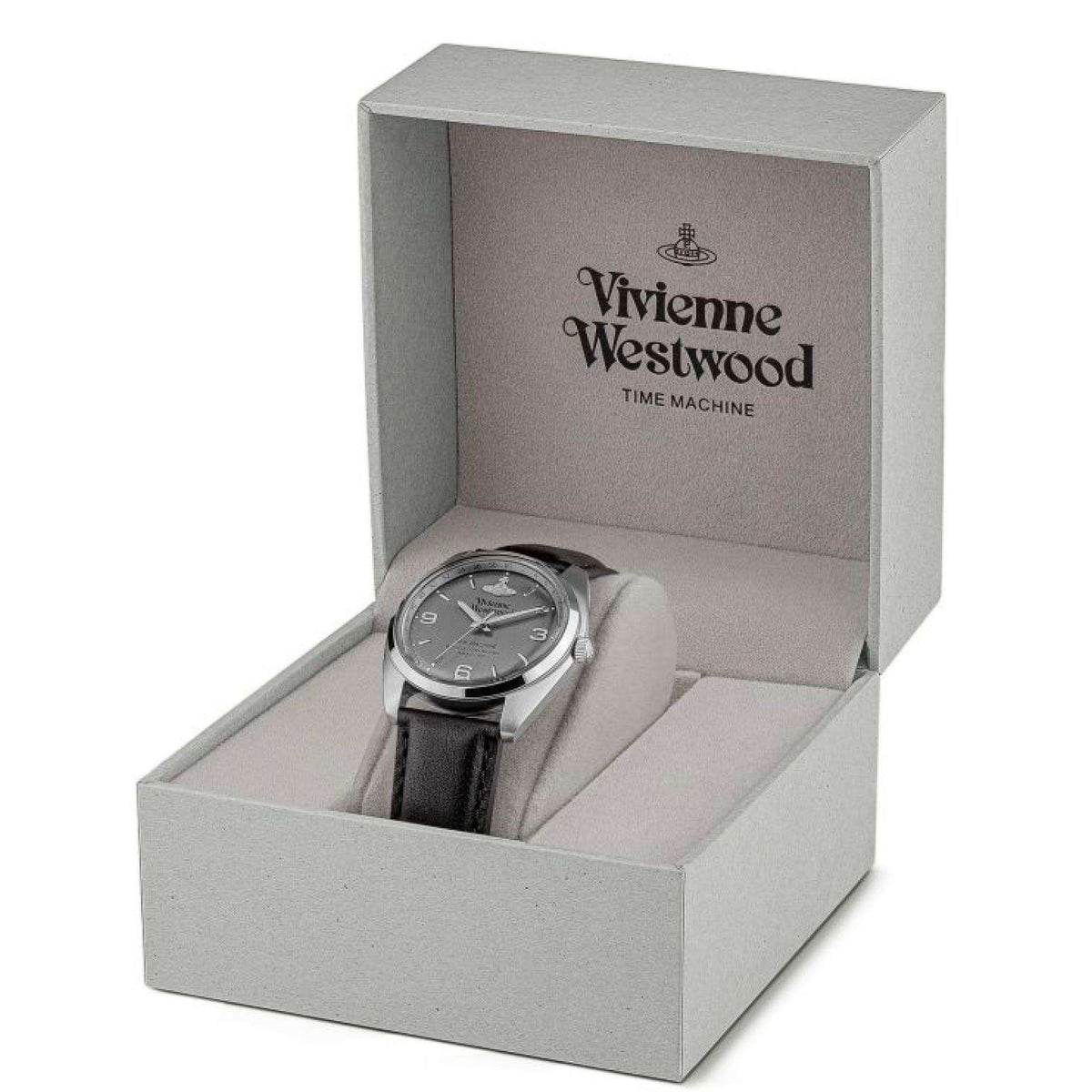 Vivienne Westwood watch gift box with logo, open display tray holding the watch