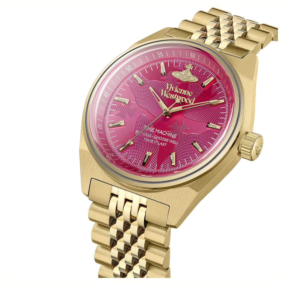 Gold-tone Vivienne Westwood wristwatch with pink dial, round case, metal bracelet
