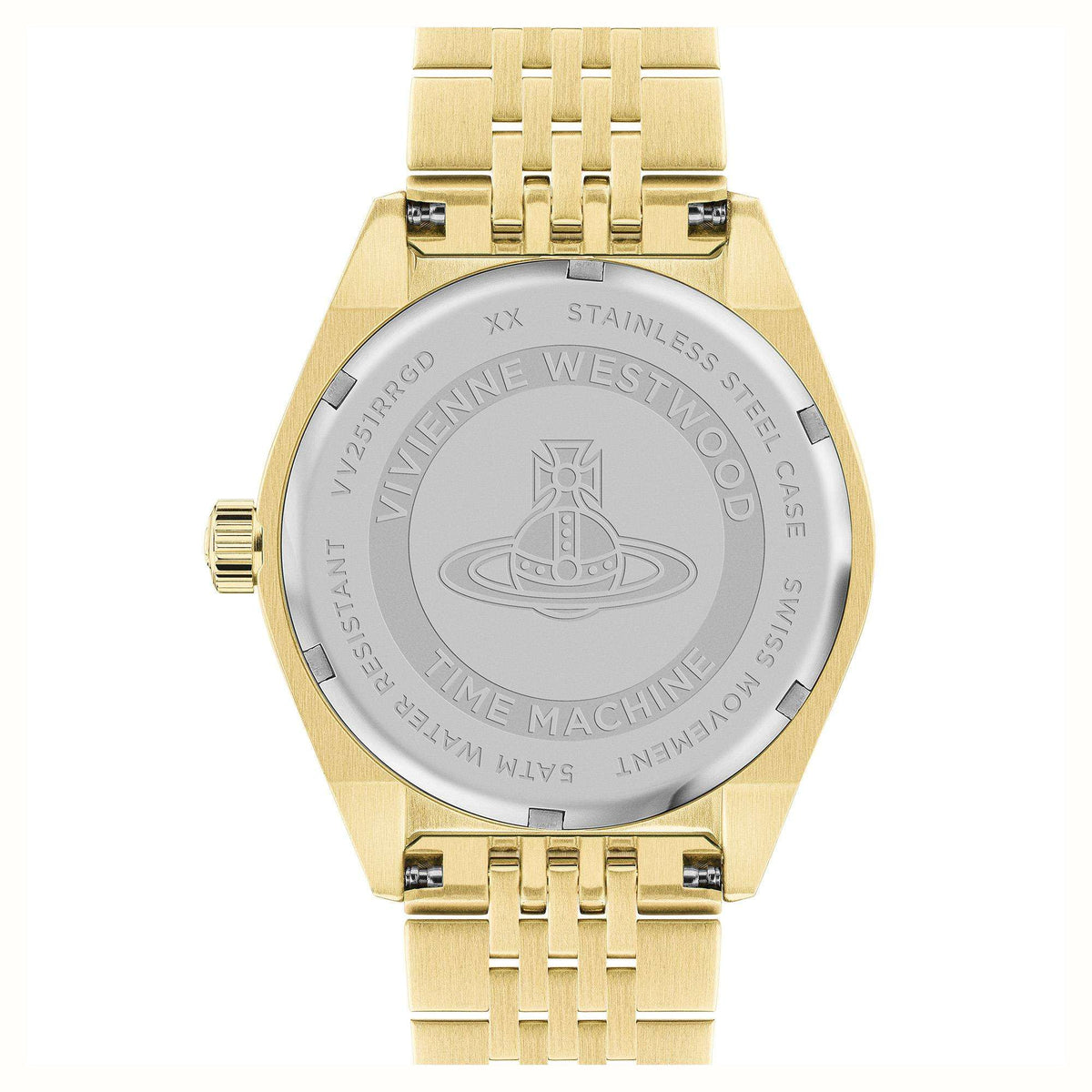 Gold-tone stainless steel wristwatch with pink dial, back case and linked bracelet
