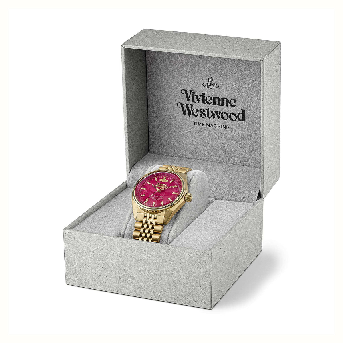 Gold-tone wristwatch with pink dial and linked bracelet, set in gray gift box