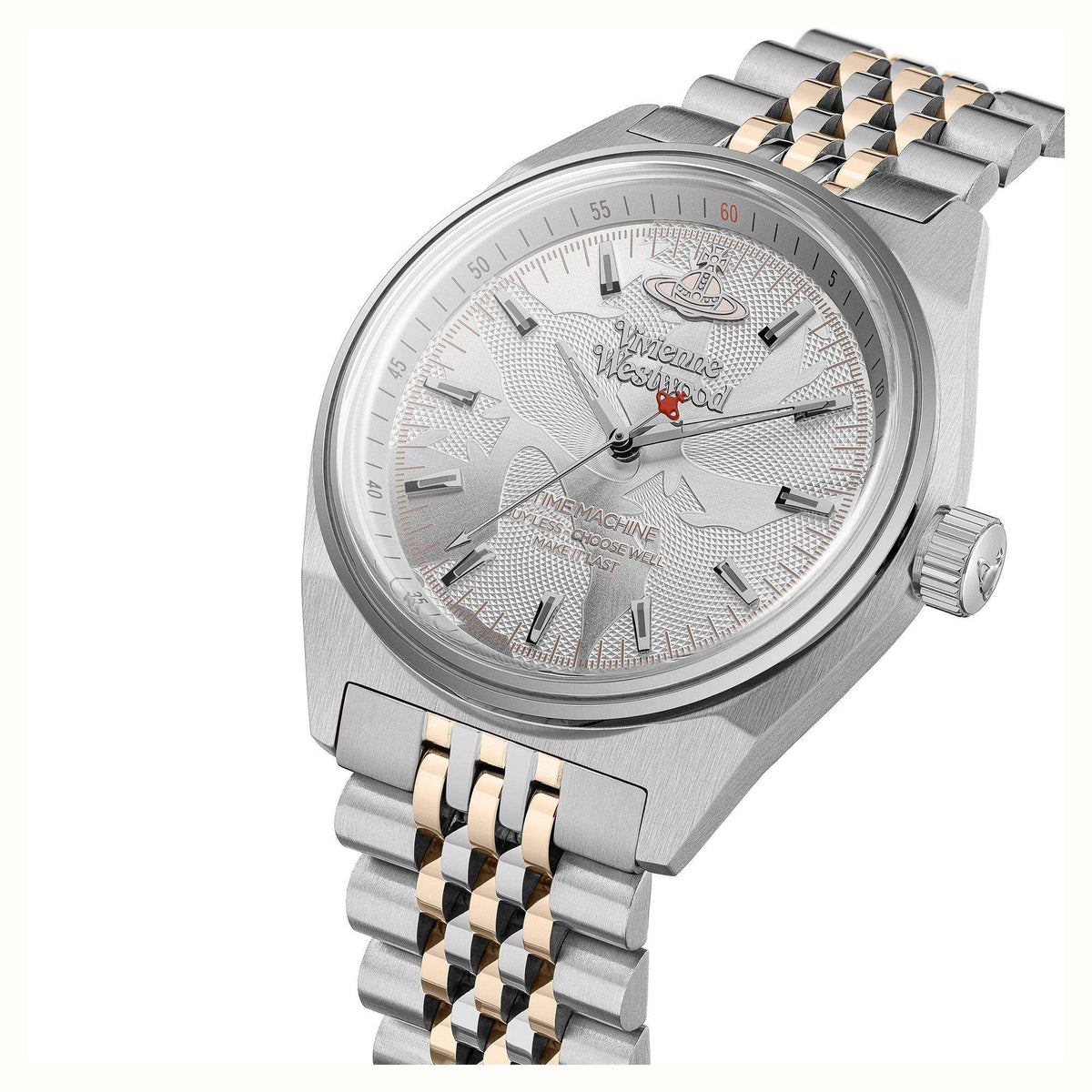 Two-tone stainless steel wristwatch with textured silver dial and visible side crown