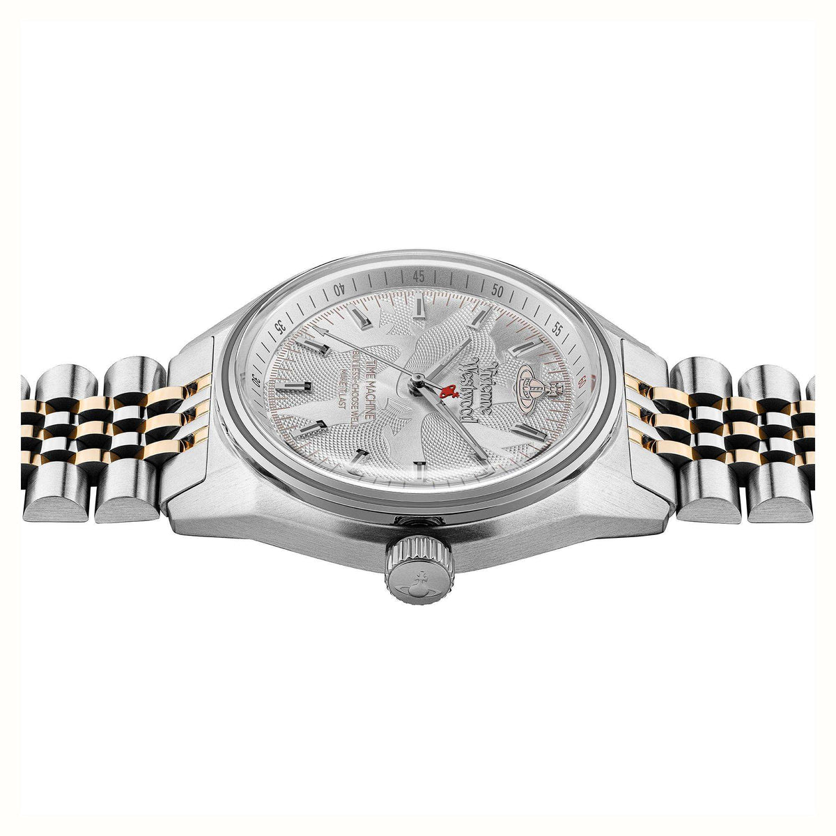 Two-tone stainless steel wristwatch with silver dial, baton markers, crown at 3 o’clock