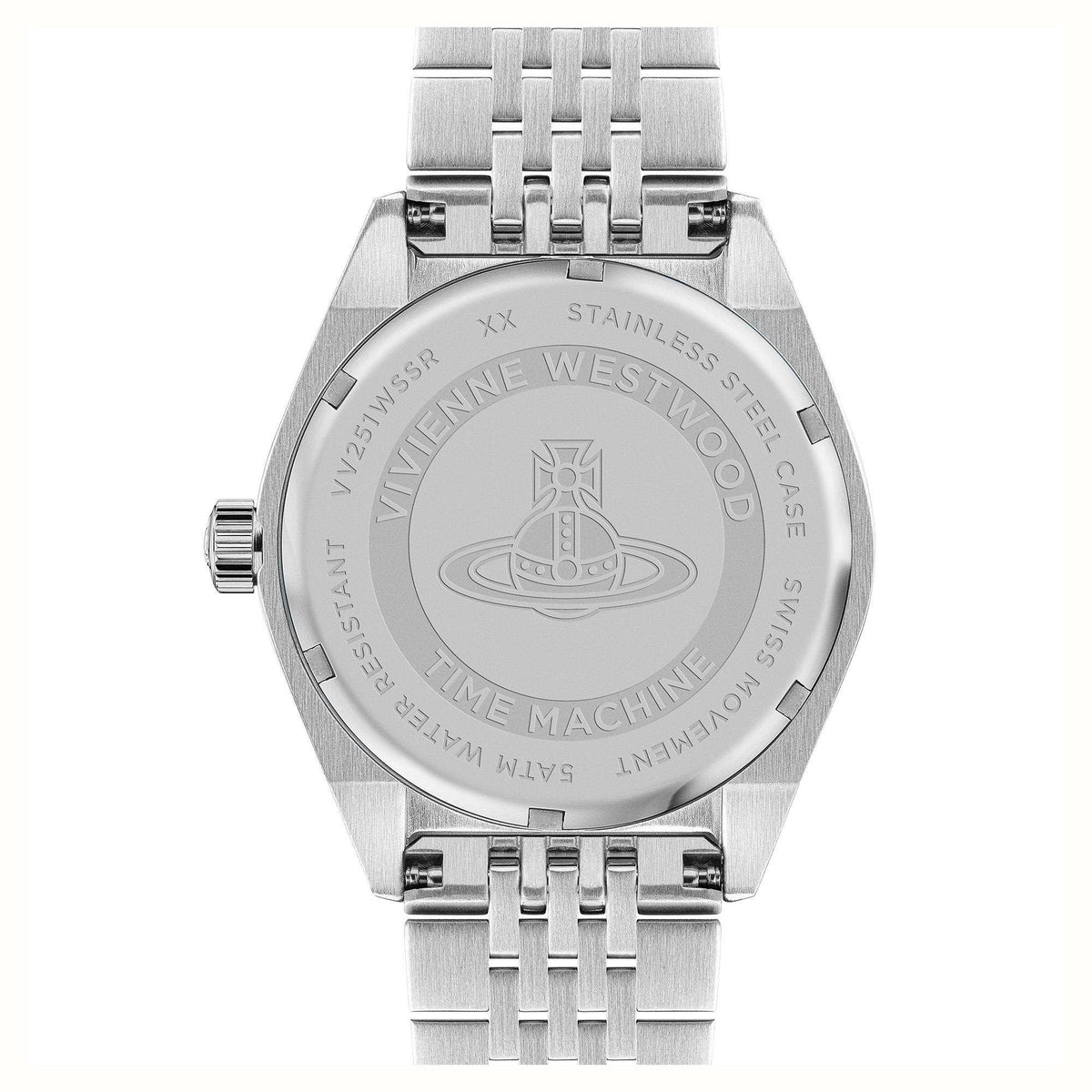 Stainless steel caseback with etched Vivienne Westwood details and link bracelet