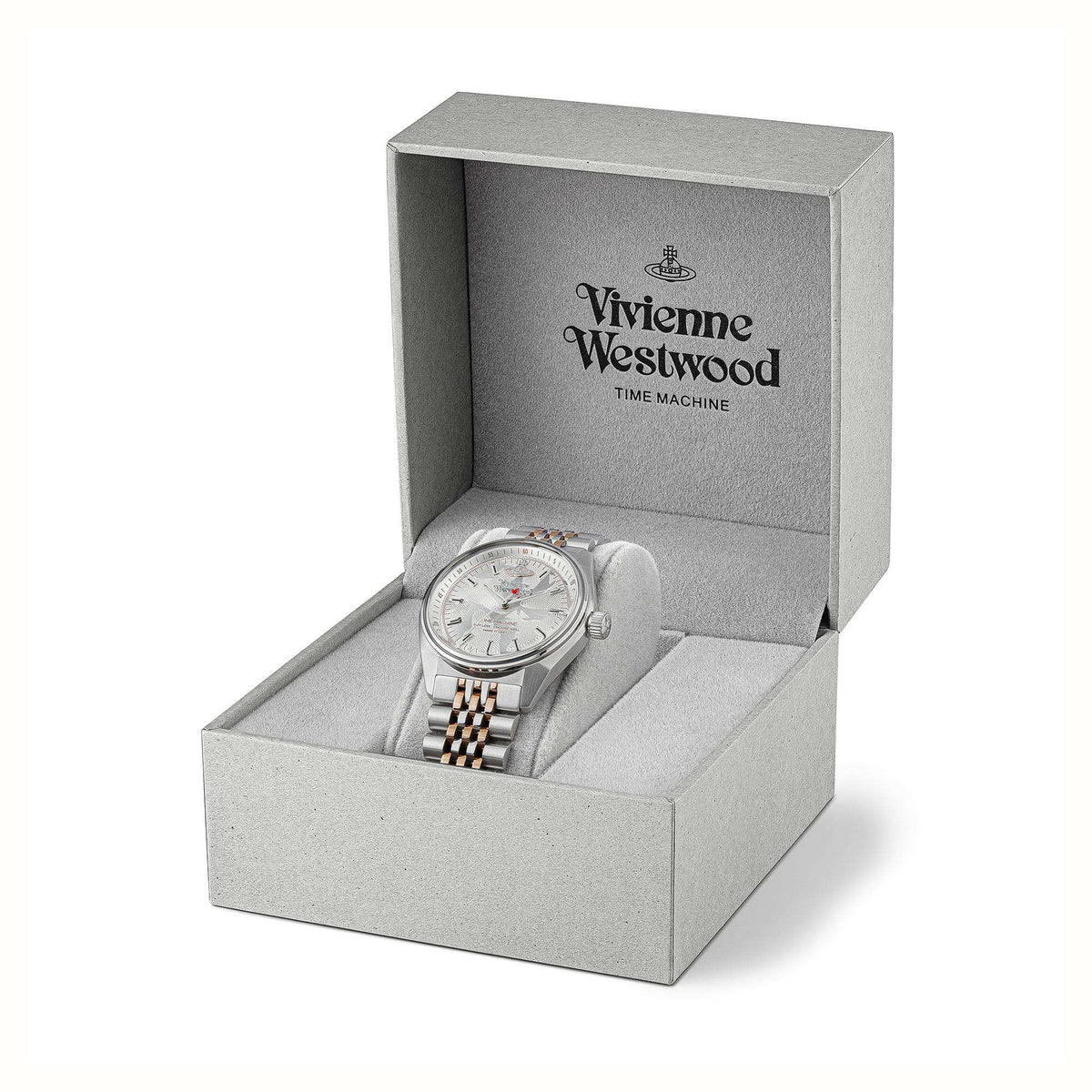 Two-tone stainless steel wristwatch resting in a presentation box with silver dial