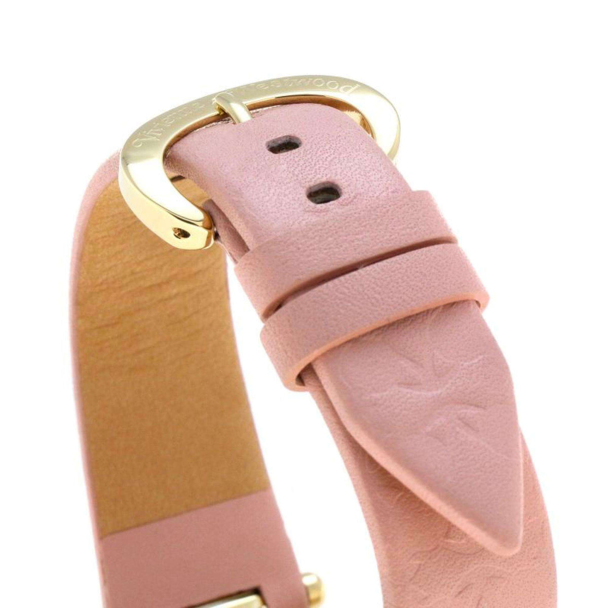 Close-up of Vivienne Westwood Orb II VV006PKPK ladies watch strap showing buckle closure and embossed pattern