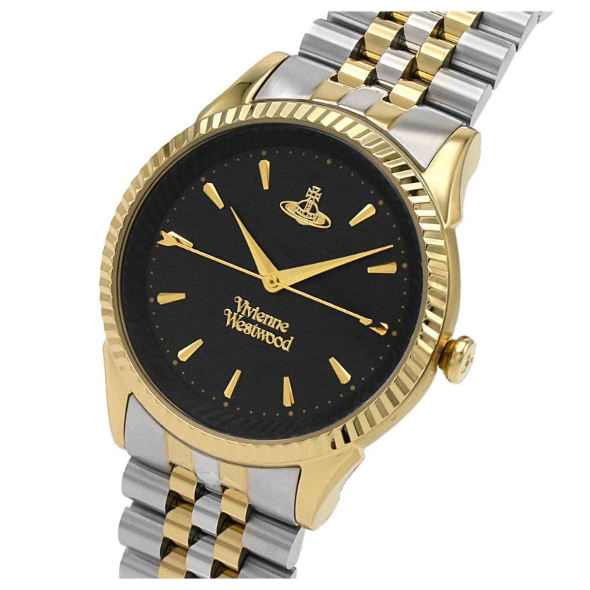 Two-tone stainless steel ladies watch with black dial, gold markers, and striped metal bracelet.
