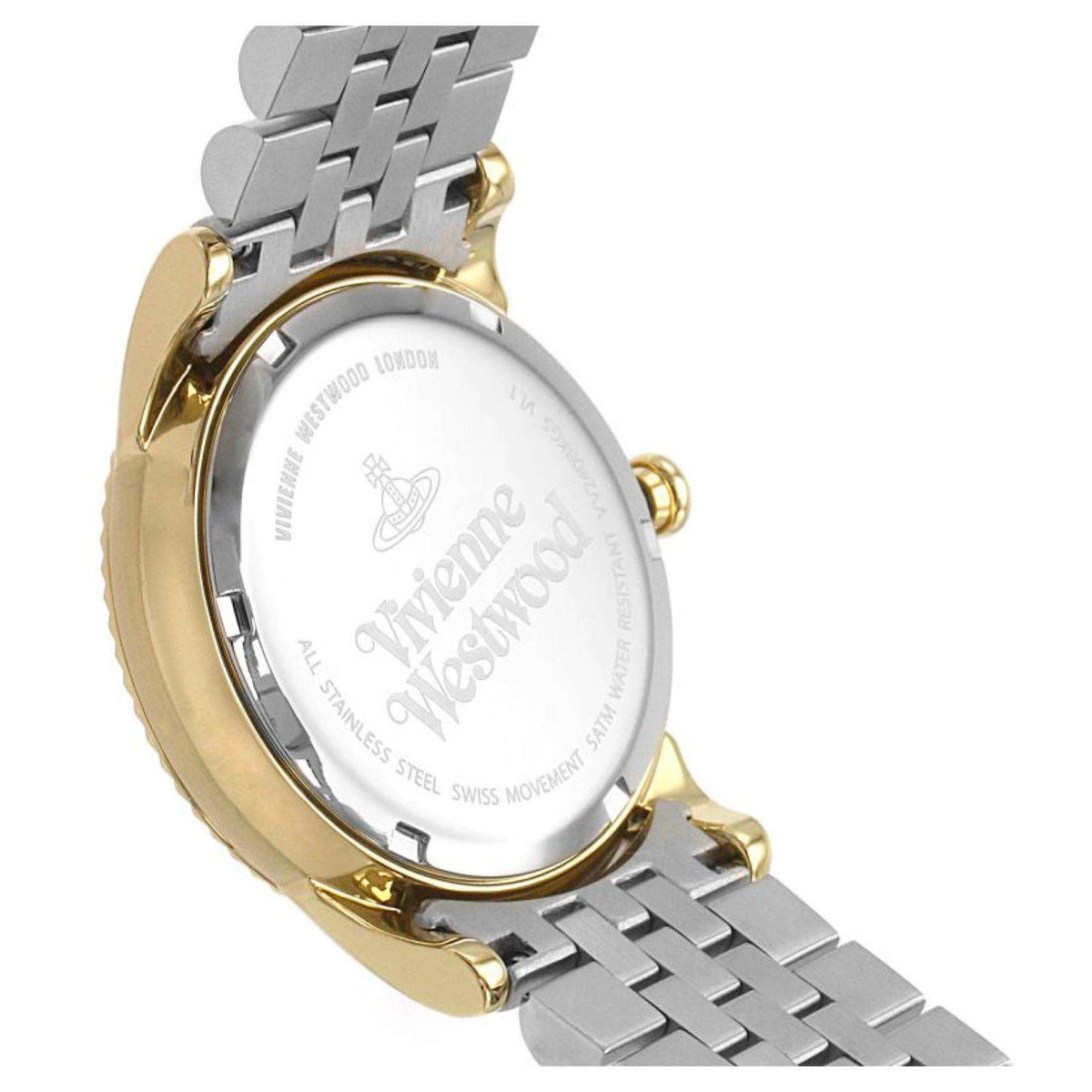 Stainless steel watch case with gold-tone back and silver link bracelet, underside view.