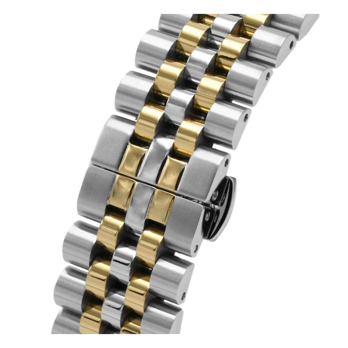 Two-tone stainless steel watch bracelet links in silver with gold center stripes.