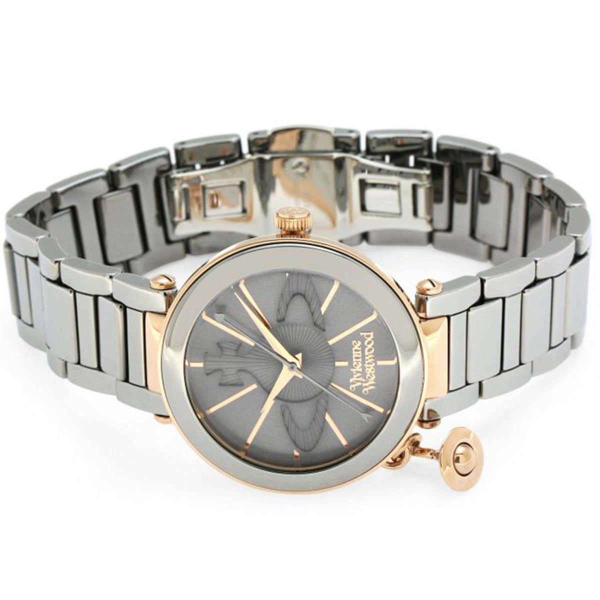Vivienne Westwood Kensington VV067SLTI ladies wrist watch displaying a silver dial with central orb motif and metallic link band