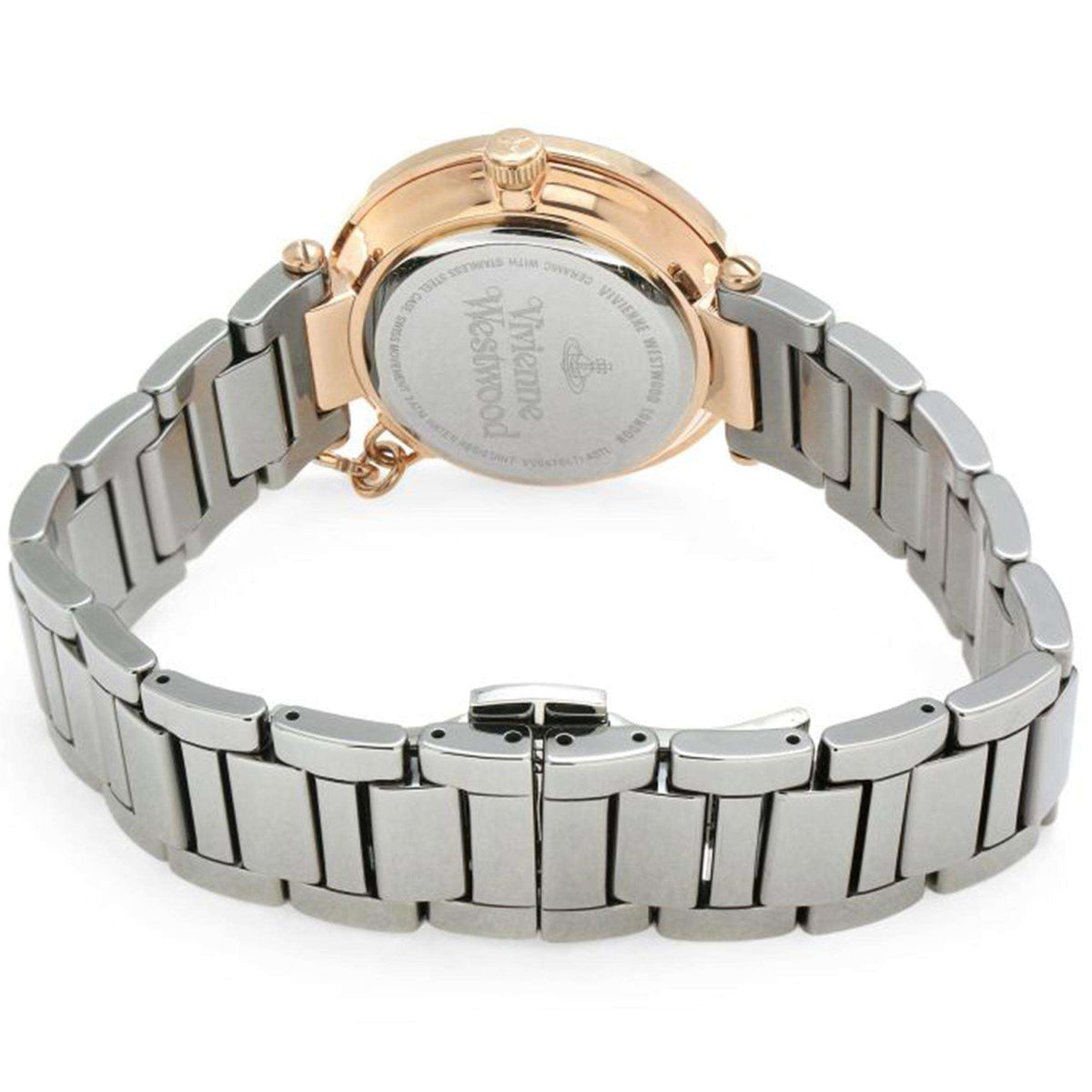 Rear angle of Vivienne Westwood Kensington VV067SLTI womens watch showing engraved stainless steel case back and bracelet closure