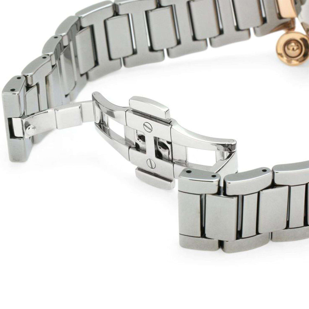 Close-up of Vivienne Westwood Kensington VV067SLTI ladies watch featuring an open deployment clasp and metallic bracelet links