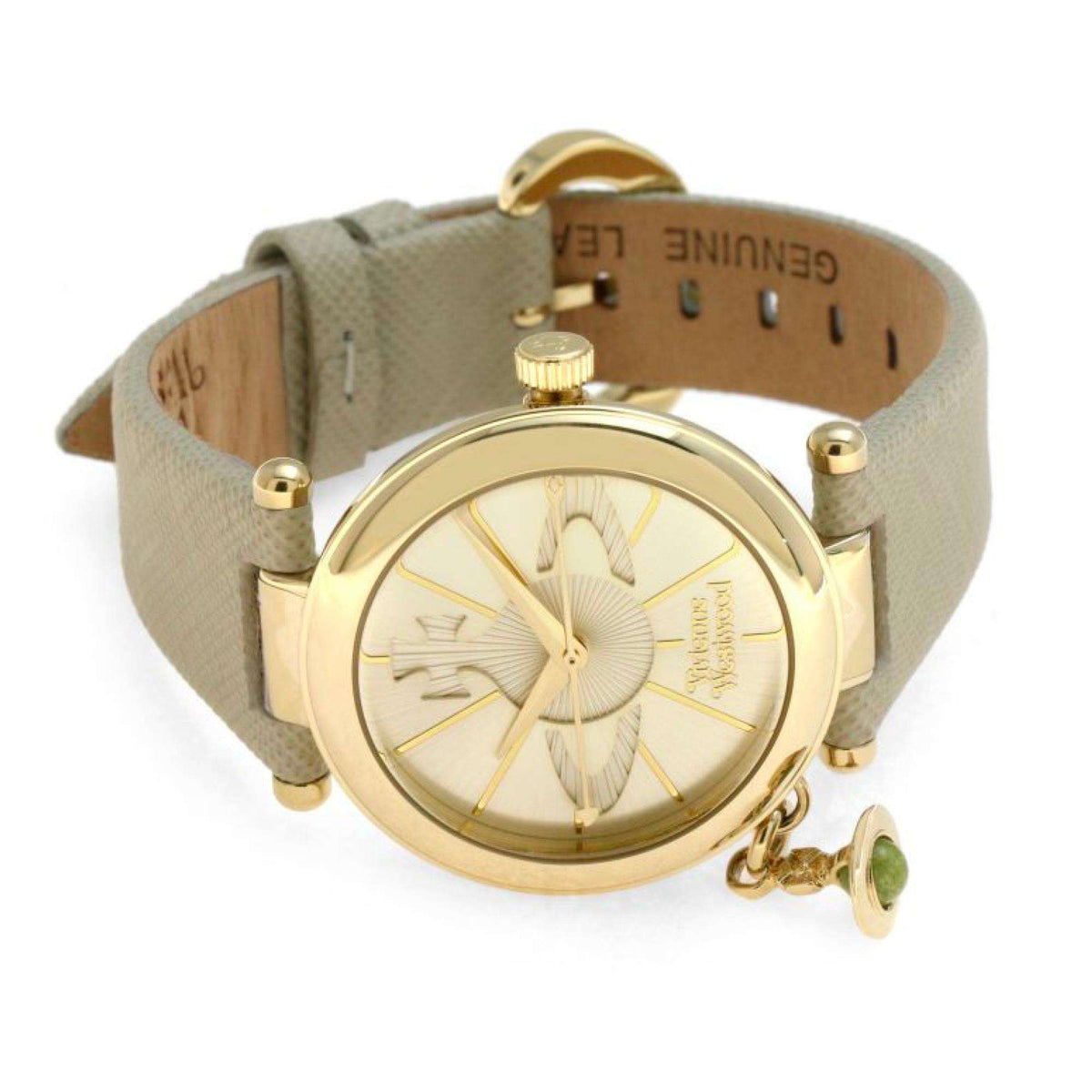 Ladies quartz wristwatch with gray leather strap, gold-tone case, cream dial