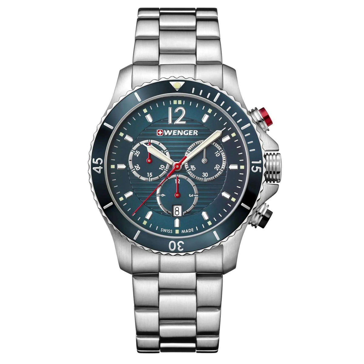 Stainless steel chronograph watch with blue dial, red subdials, and metal bracelet