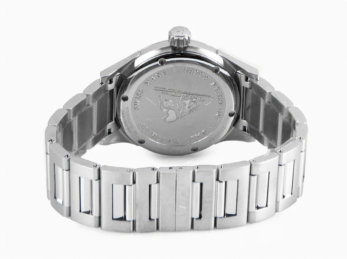 Stainless steel watch back with engraved logo on metal link bracelet