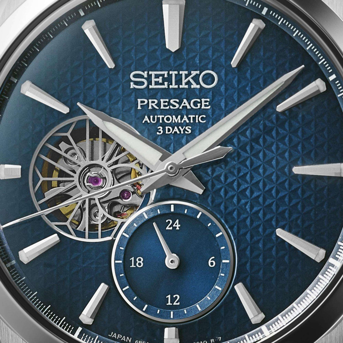 Seiko Presage SPB417J1 open heart window and blue dial close up